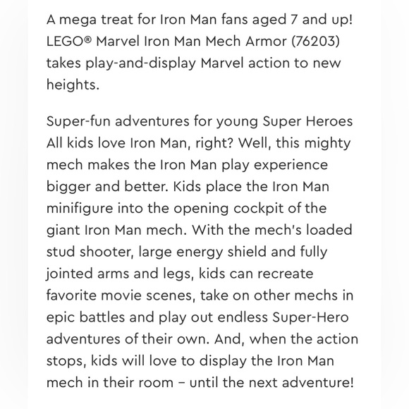 Lego Marvel Avengers 76203 Iron Man Mech Armor NWOT Factory Sealed Ages 7+ Toy - Picture 12 of 13